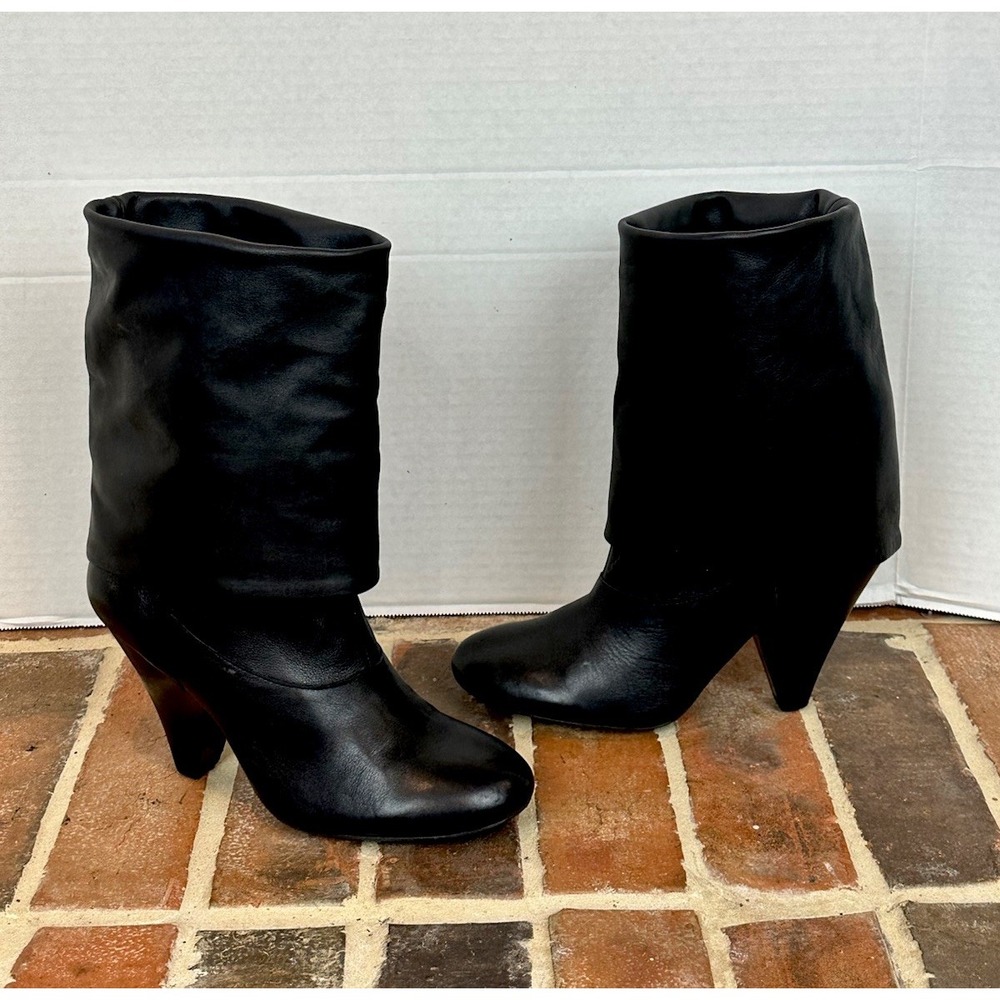 Gianni Bini Black Leather Fold Over‎ Ankle Boots Women's Sz 7.5 Cuffed Heels